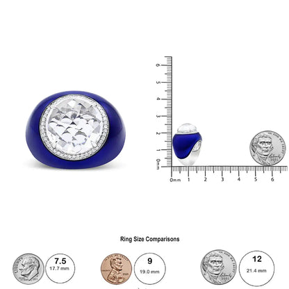 18K White Gold 14mm White Quartz and 1/5 Cttw Diamond Halo with Blue Enamel Dome Ring (F-G Color, VS1-VS2 Clarity)