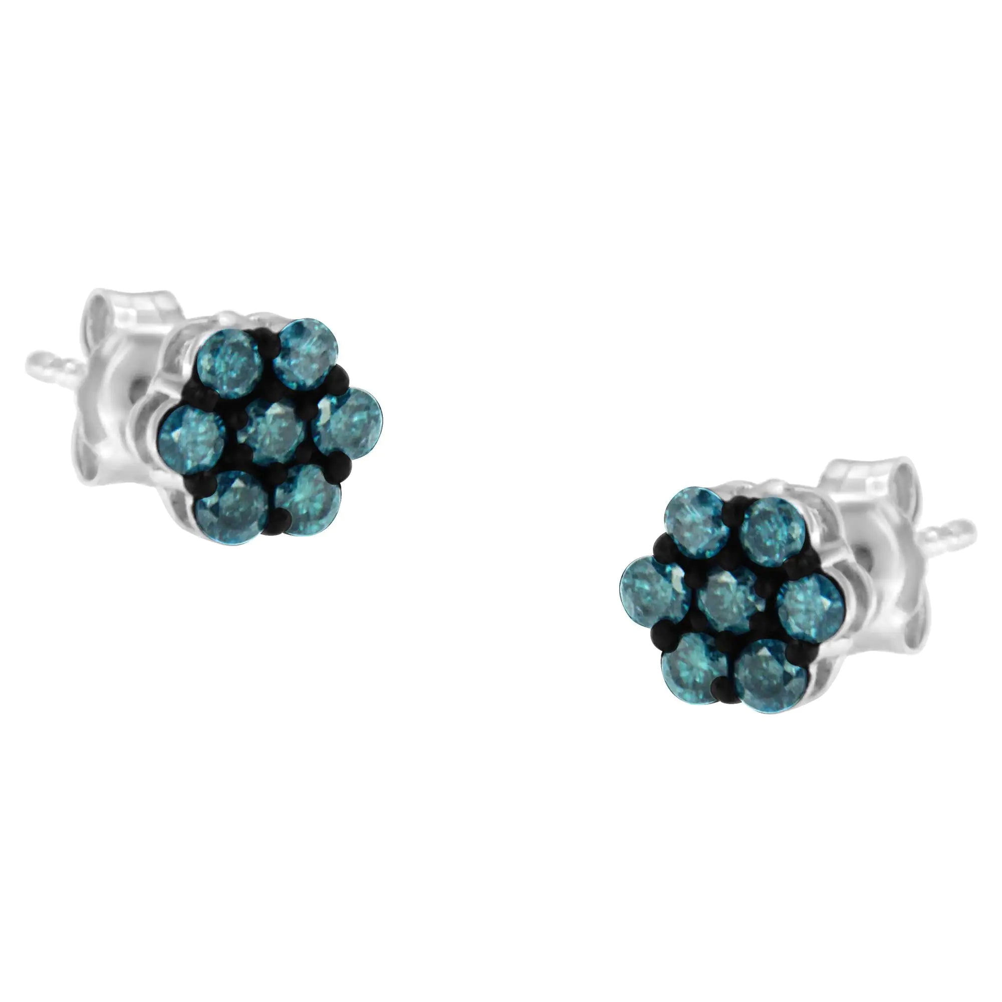 Sterling Silver Treated Blue Diamond Floral Stud Earrings (0.5 cttw, Blue Color, I2-I3 Clarity)