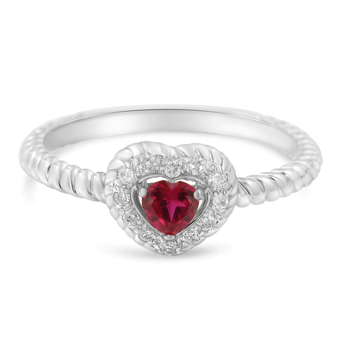 Sterling Silver 4MM Lab Created Ruby Heart and Diamond Accent Heart Ring (I-J, I2-I3)