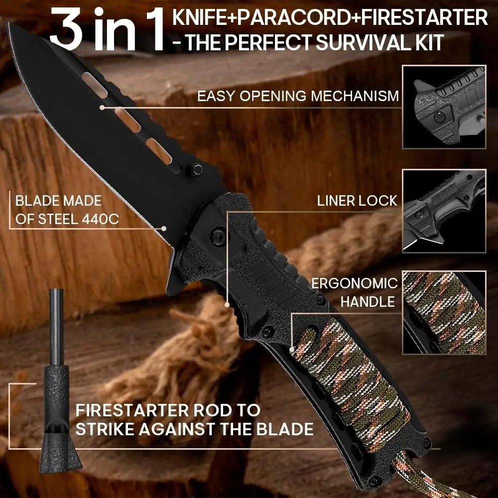 Tactical Folding Knife with Paracord, Whistle &amp; Fire starter