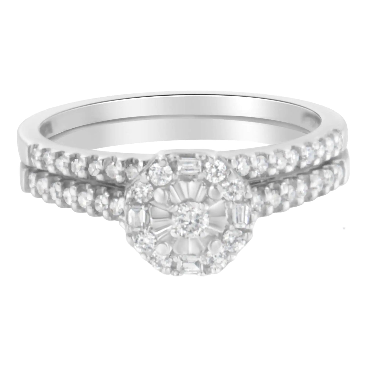 10K White Gold Diamond Engagement Ring and Wedding Band Set (3/8 Cttw, I-J Color, I2-I3 Clarity)