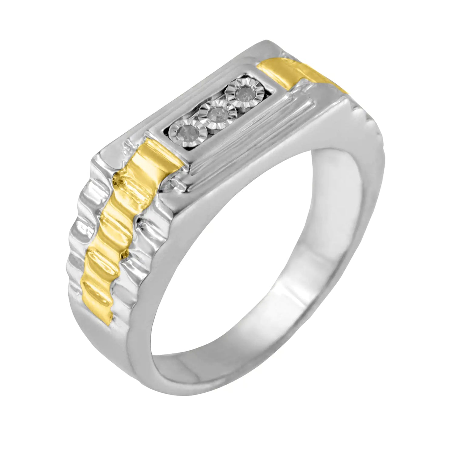 10K Yellow Gold Plated .925 Sterling Silver Diamond Accent Miracle-Set 3 Stone Ridged Band Gentlemen&