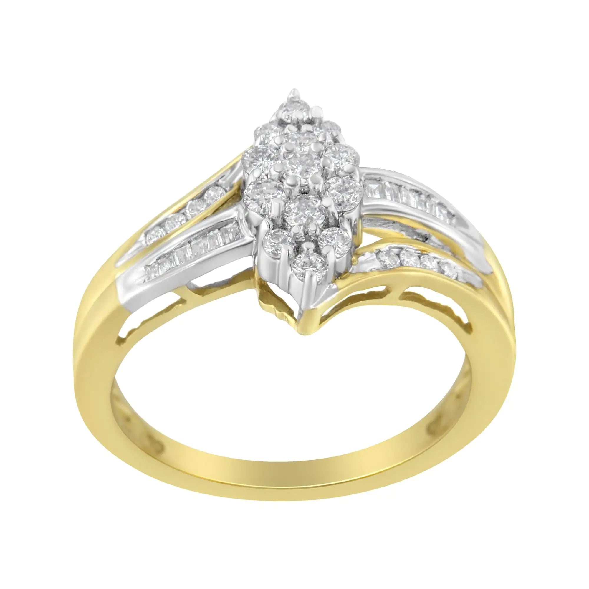 10K Yellow and White Gold 1/2 Cttw Diamond Marquise Shaped Cluster Split Shank Ring (H-I Color, SI2-I1 Clarity)