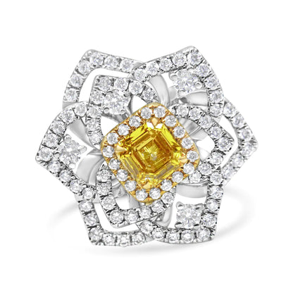 18K White and Yellow Gold 1.75 Cttw Yellow Asscher Lab Grown Center Diamond Floral Cluster Ring (Yellow/G-H Color, VS1-VS2 Clarity)