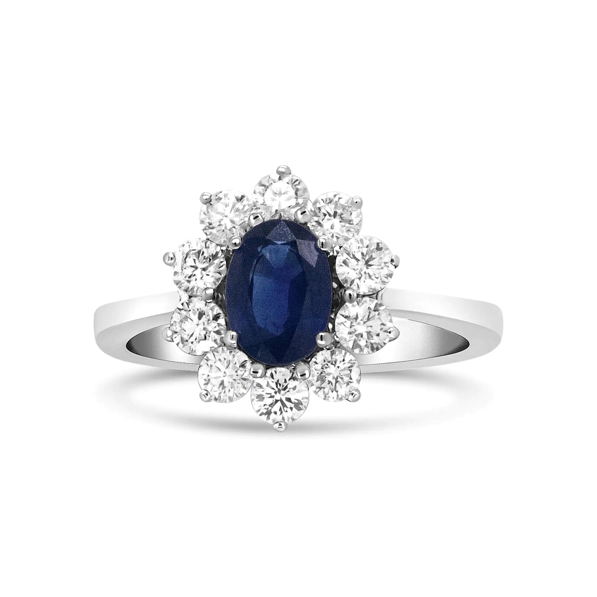 18K White Gold 7x5 mm Oval Cut Blue Sapphire and Round Diamond 3/4 Cttw Sunburst Halo Ring (F-G Color, VS1-VS2 Clarity)