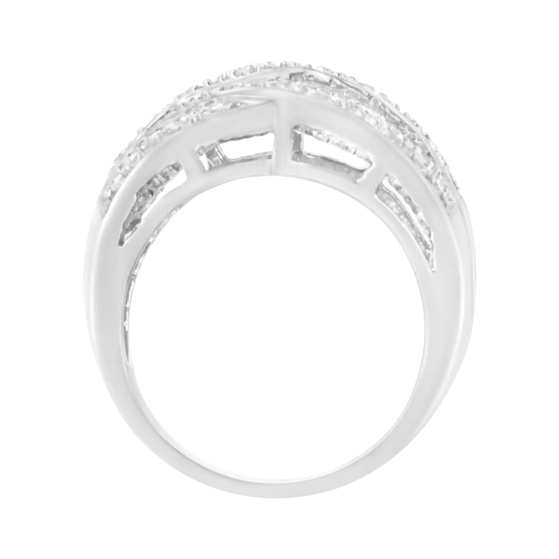 .925 Sterling Silver 1.0 Cttw Channel Set Alternating Round and Baguette Diamond Cross-over Bypass Ring Band (I-J Color, I2-I3 Clarity)