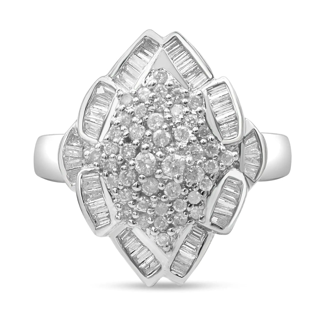 14K White Gold 7/8 Cttw Round and Baguette-Cut Diamond Cluster Ring (H-I Color, SI2-I1 Clarity)