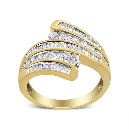 10K Yellow Gold 1 Cttw Round and Baguette-Cut Diamond Multi Row Bypass Ring Band (H-I Color, I1-I2 Clarity)