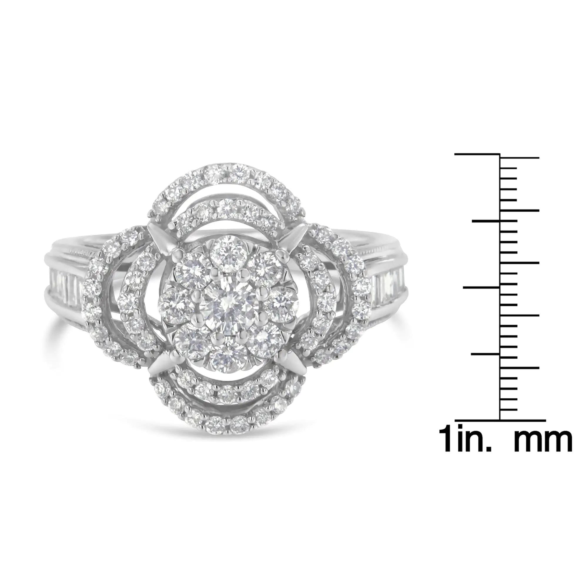 14K White Gold 1.0 Cttw Round &amp; Baguette Cut Diamond Floral Cluster Quatrefoil Channel Set Band Cocktail Statement Ring (H-I Color, SI2-I1 Clarity)