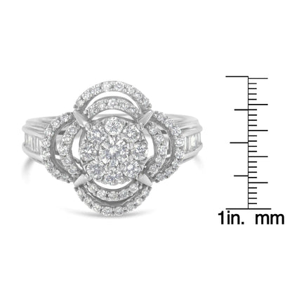 14K White Gold 1.0 Cttw Round &amp; Baguette Cut Diamond Floral Cluster Quatrefoil Channel Set Band Cocktail Statement Ring (H-I Color, SI2-I1 Clarity)