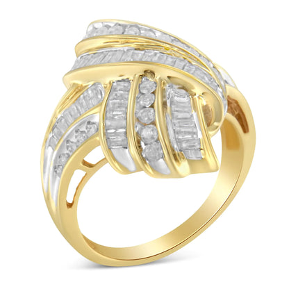 10K Yellow Gold Plated .925 Sterling Silver 1.0 Cttw Round &amp; Baguette Diamond Knot Channel Statement Ring (I-J Color, I2-I3 Clarity)