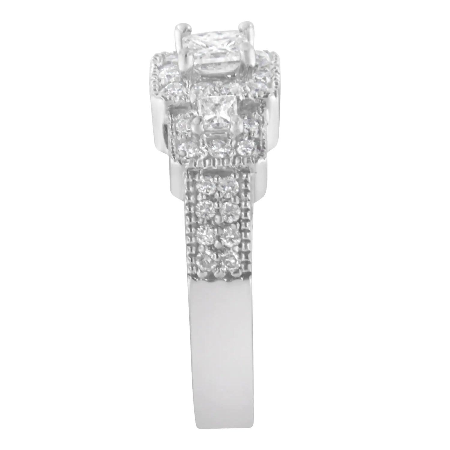 14K White Gold Round and Princess-Cut Diamond Three Stone Ring (1 Cttw, H-I Color, I1-I2 Clarity)