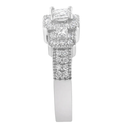 14K White Gold Round and Princess-Cut Diamond Three Stone Ring (1 Cttw, H-I Color, I1-I2 Clarity)