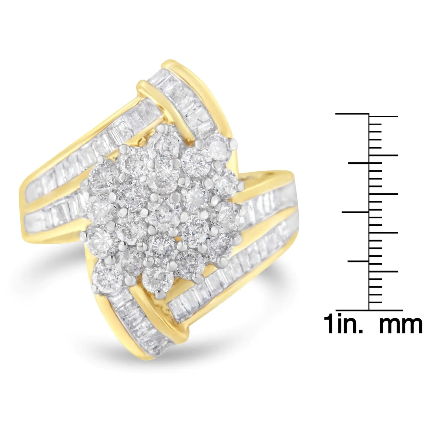 10K Yellow Gold Round and Baguette Diamond Crossover Cluster Ring (3 Cttw, I-J Color, I1-I2 Clarity)