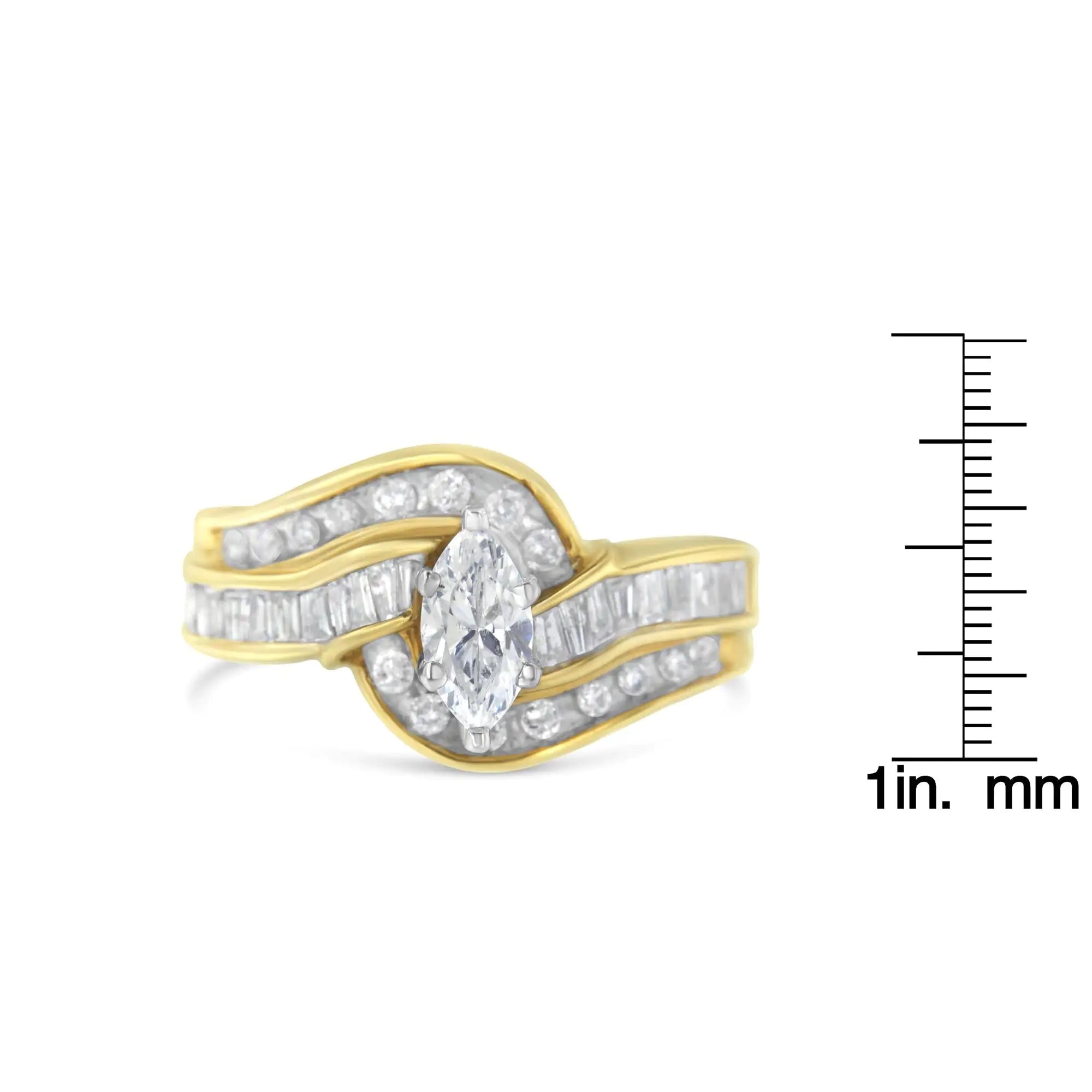 14KT Two-Toned Gold Marquise, Baguette and Round Cut Diamond Bypass Ring (1 cttw, H-I Color, SI1-SI2 Clarity) ()