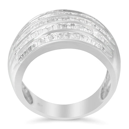 .925 Sterling Silver 1.0 Cttw Baguette-Cut Diamond 6-Row Channel Set Domed Tapered Cocktail Fashion Ring (H-I Color, I2-I3 Clarity)