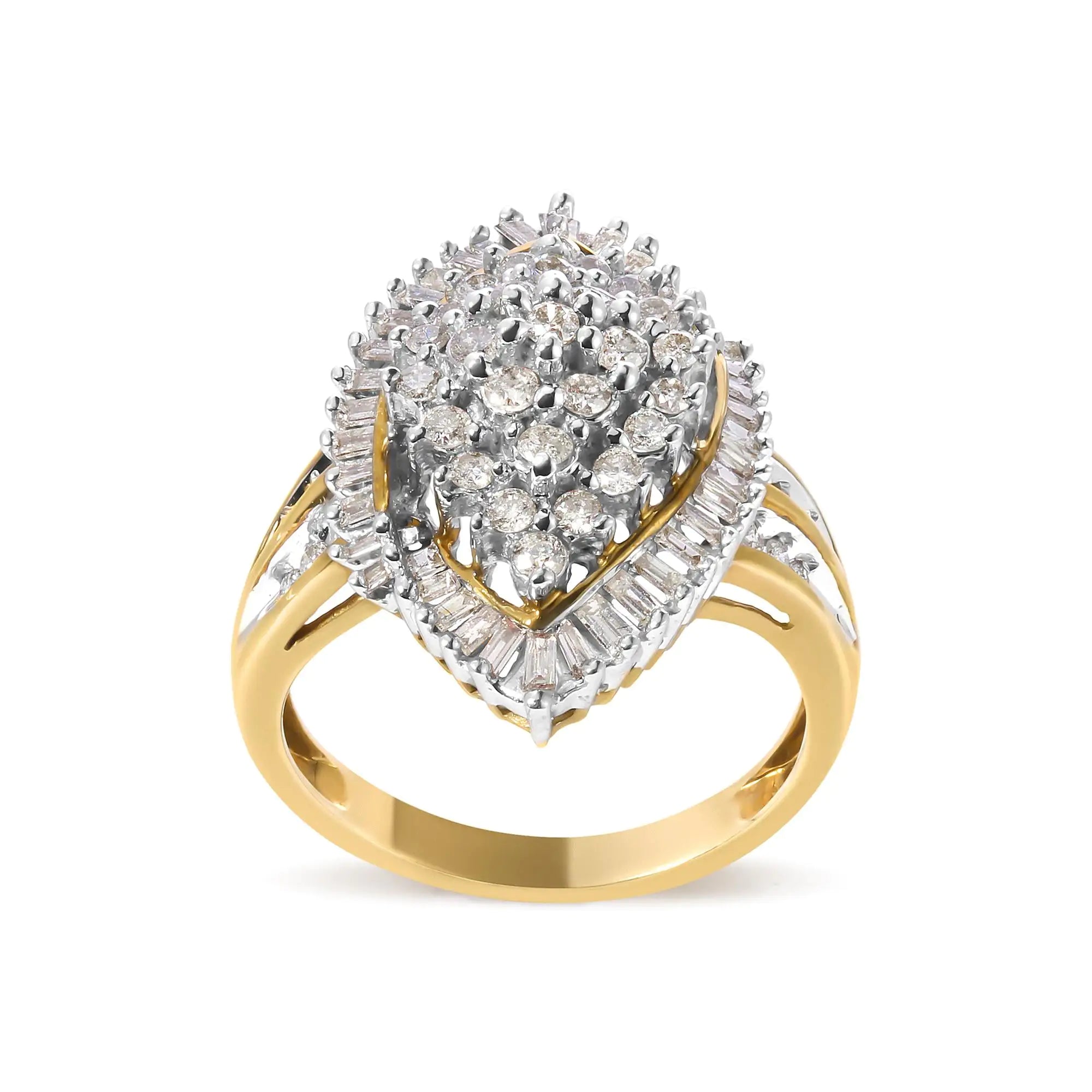 10K Yellow Gold 1.0 Cttw Round and Baguette-Cut Diamond Cluster Ring (I-J Color, SI2-I1 Clarity)