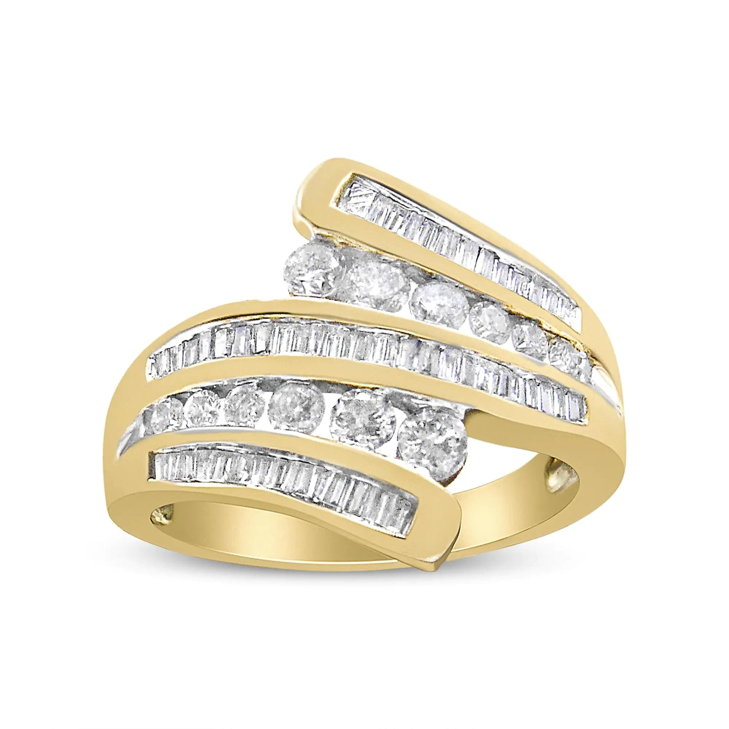 10K Yellow Gold 1 Cttw Round and Baguette-Cut Diamond Multi Row Bypass Ring Band (H-I Color, I1-I2 Clarity)