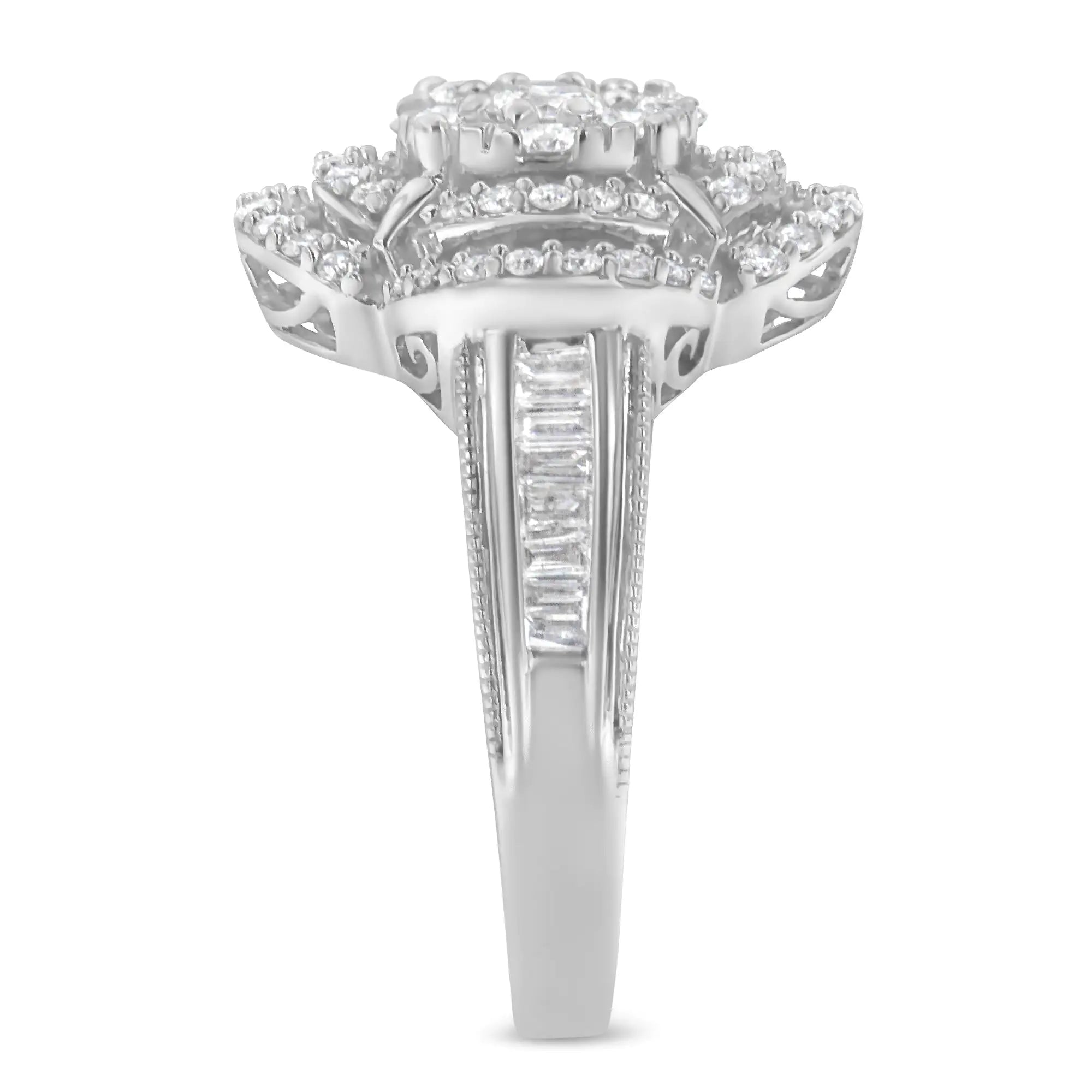 14K White Gold 1.0 Cttw Round &amp; Baguette Cut Diamond Floral Cluster Quatrefoil Channel Set Band Cocktail Statement Ring (H-I Color, SI2-I1 Clarity)