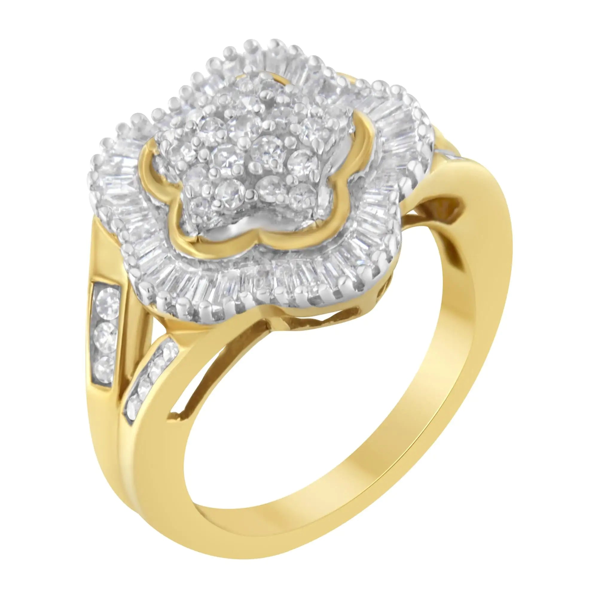 10KT Yellow Gold Round and Baguette Cut Diamond Ballerina Ring (1 cttw, I-J Color, SI1-SI2 Clarity)