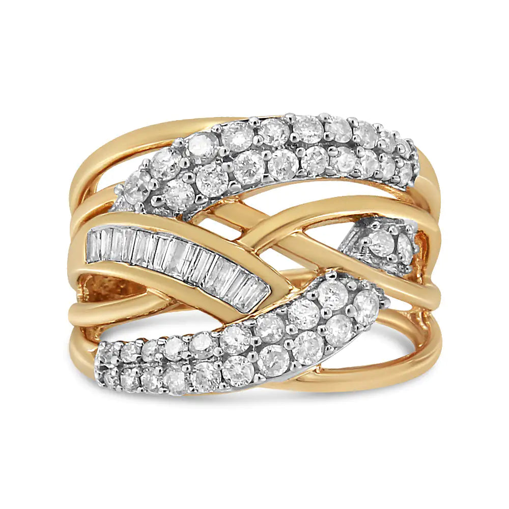 10K Yellow and White Gold 1.0 Cttw Round and Baguette-Cut Diamond Multirow Interwoven Cocktail Ring (I-J Color, I2-I3 Quality)