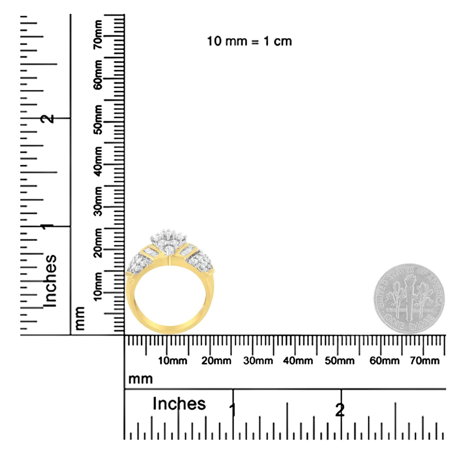 10K Yellow and White Gold 1.00 Cttw Round and Baguette-Cut Diamond Cluster Ring (H-I Color, I1-I2 Clarity)