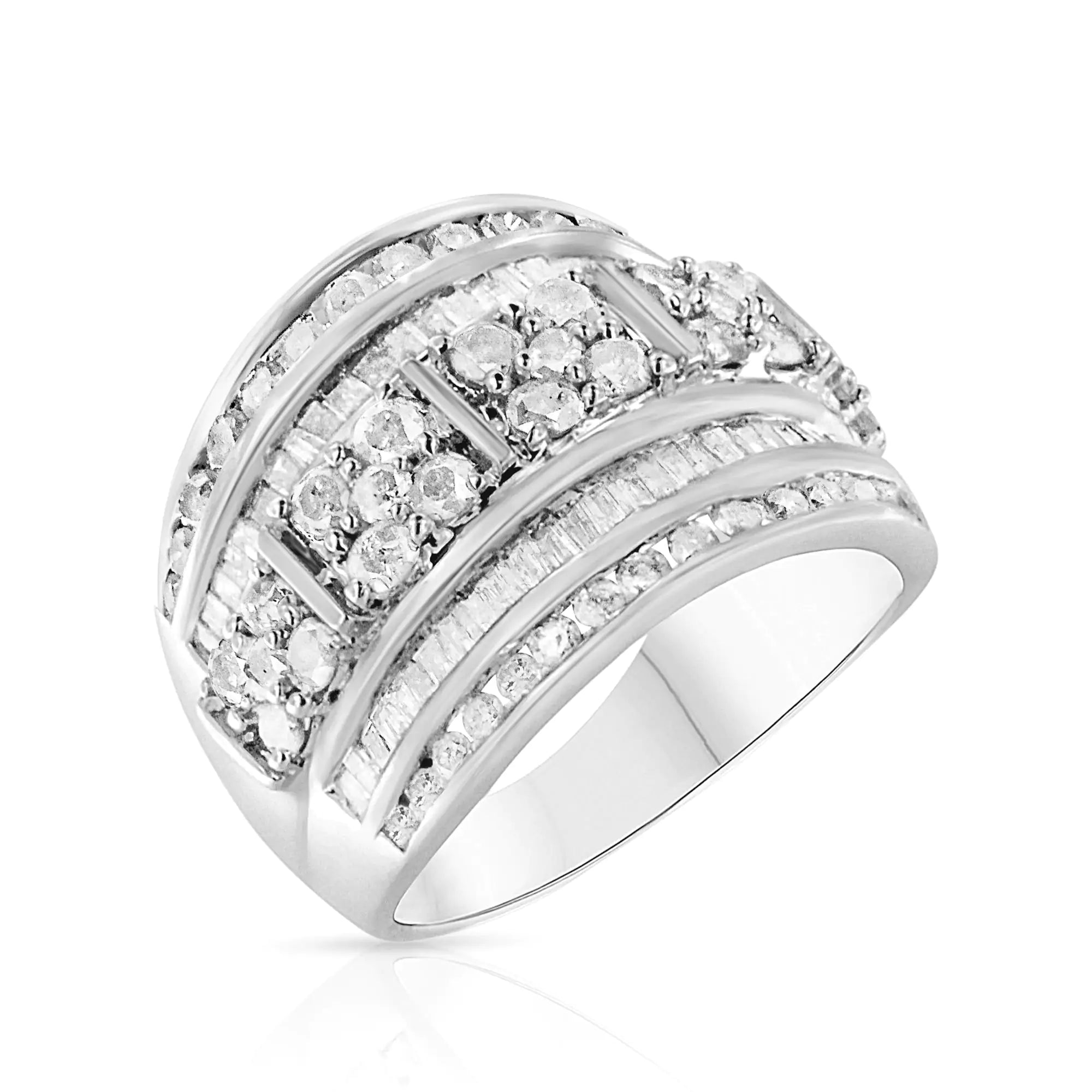 .925 Sterling Silver 2.0 Cttw Round &amp; Baguette Cut Diamond Multi-Row Channel Set Tapered Cocktail Fashion Ring (I-J Color, I3 Clarity)