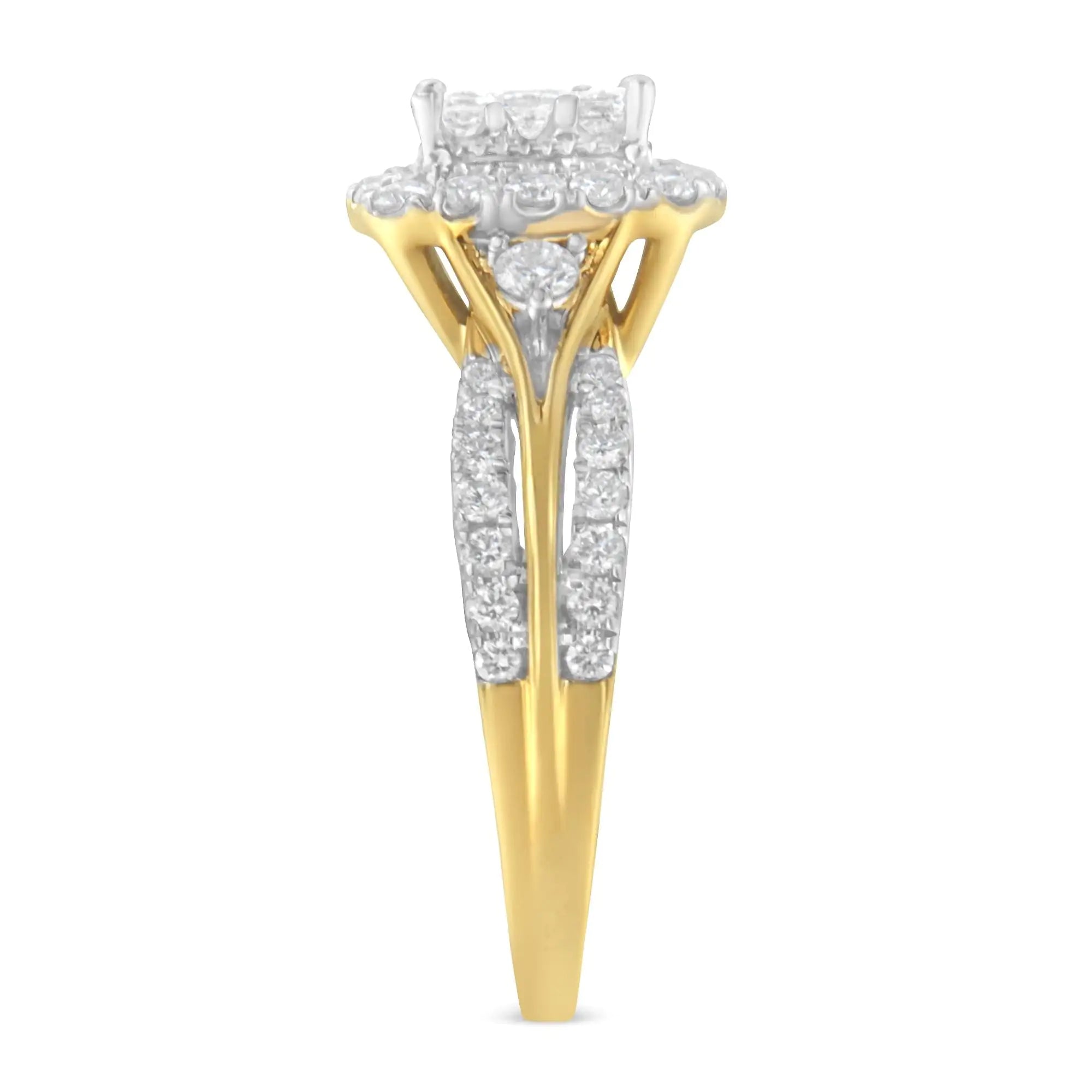 10K Yellow Gold 1.0 Cttw Diamond Composite Cushion-Shape Halo 3-Band-Look Engagement Ring (H-I Color, SI1-SI2 Clarity)