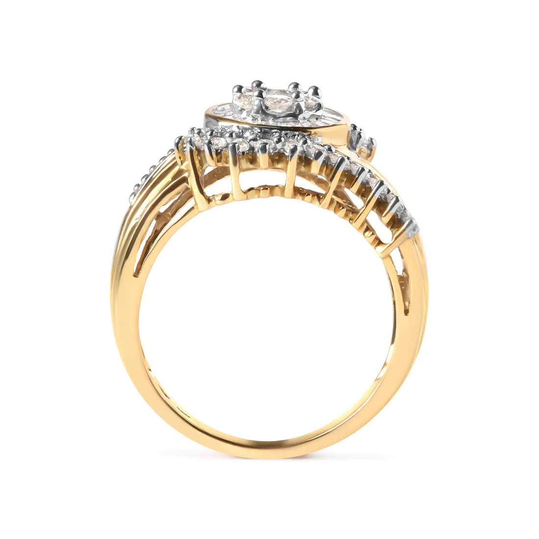 10K Yellow Gold 1 Cttw Round and Baguette cut Diamond Cluster Swirl Band Ring (H-I Color, I1-I2 Clarity)