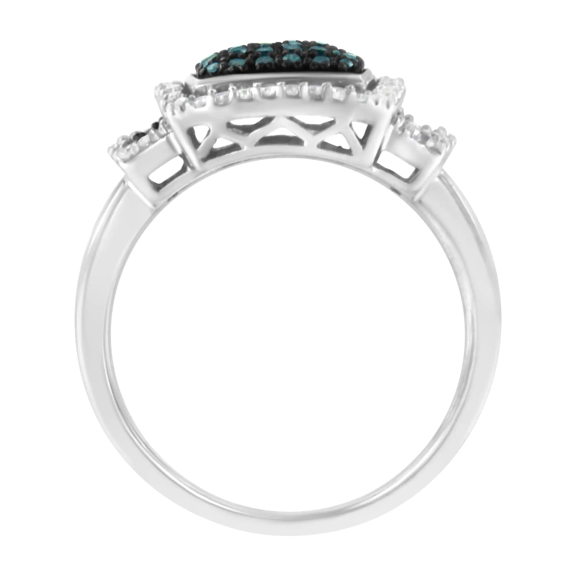 Black Rhodium Plated .925 Sterling Silver 1/2 Cttw White &amp; Blue Diamond Square Halo Cocktail Ring (Fancy Blue &amp; H-I Color, I2-I3 Clarity)