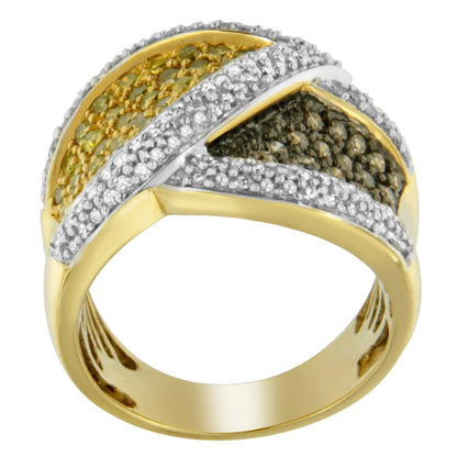 14K Yellow Gold Yellow, White, and Champagne Round-Cut Diamond Cross-over Ring (1 1/2 cttw, H-I Color, I1-I2 Clarity)