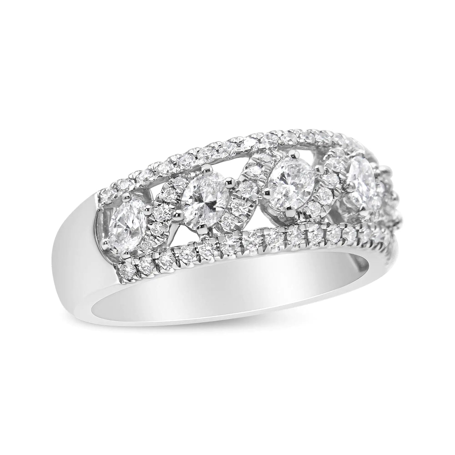 14K White Gold 1 1/4 Cttw Oval and Round Diamond Openwork Anniversary Ring ( H-I Color, I1-I2 Clarity)