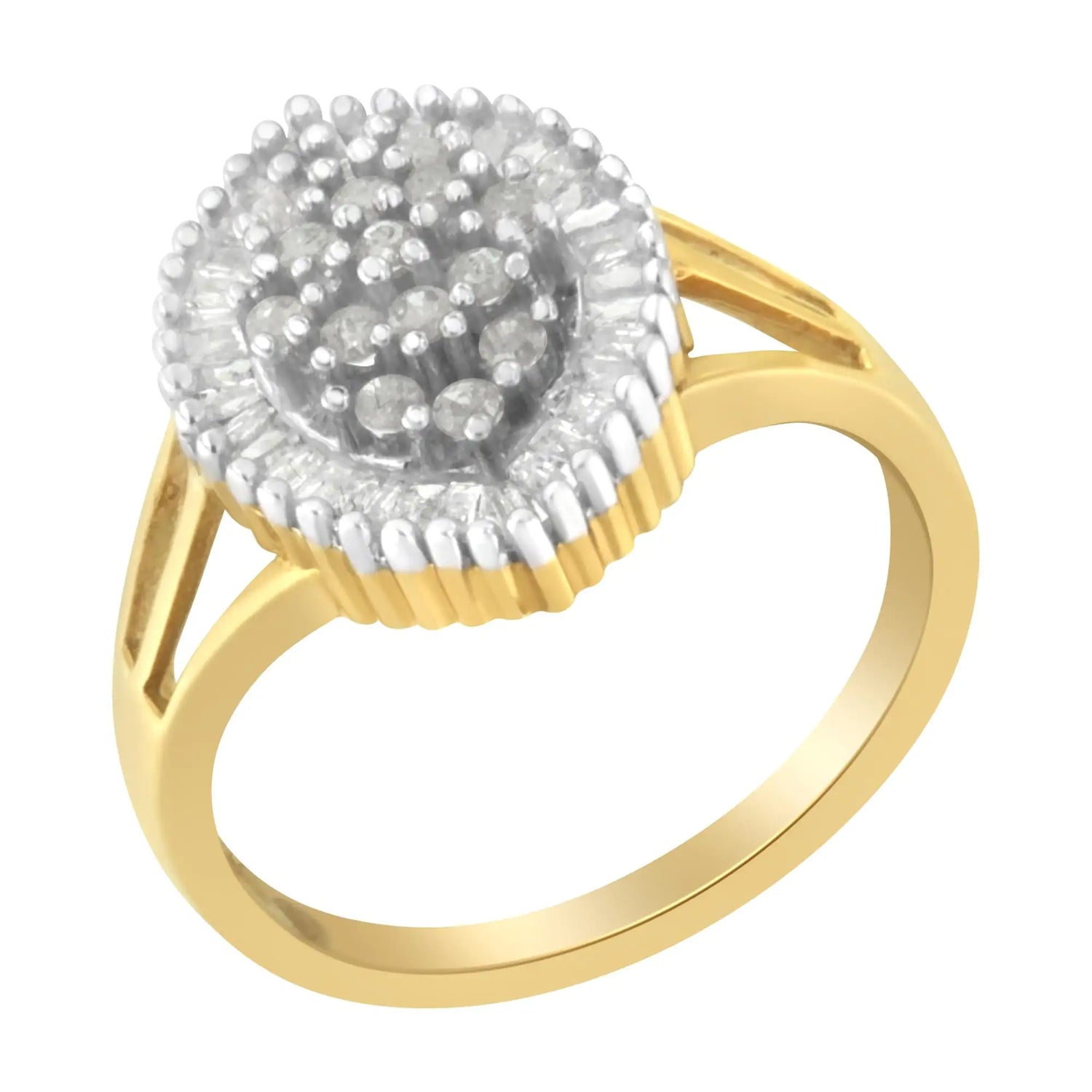 10K Yellow Gold 1/2 Cttw Baguette &amp; Round Diamond Marquise-Shaped Cluster Halo Ring (I-J Color, I3 Clarity)