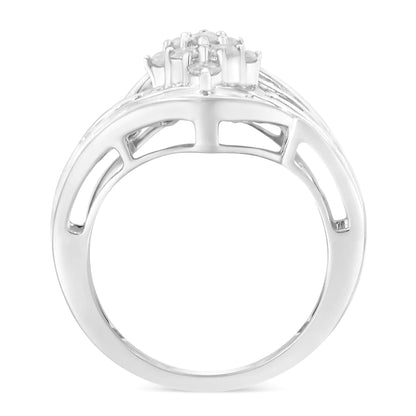 .925 Sterling Silver 1.0 Cttw Round &amp; Baguette Cut Diamond Bypass Faux-Wrap Cluster Engagement or Cocktail Ring (I-J Color, I2-I3 Clarity)