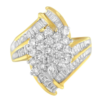 10K Yellow Gold Round and Baguette Diamond Swirl Ring (2.0 Cttw, J-K Color, I2 Clarity)