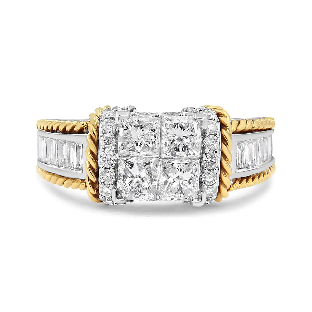 14K White and Yellow Gold 1 1/2 Cttw Invisible Set Princess-Cut Diamond Quad Style Engagement Ring (H-I Color, SI2-I1 Clarity)