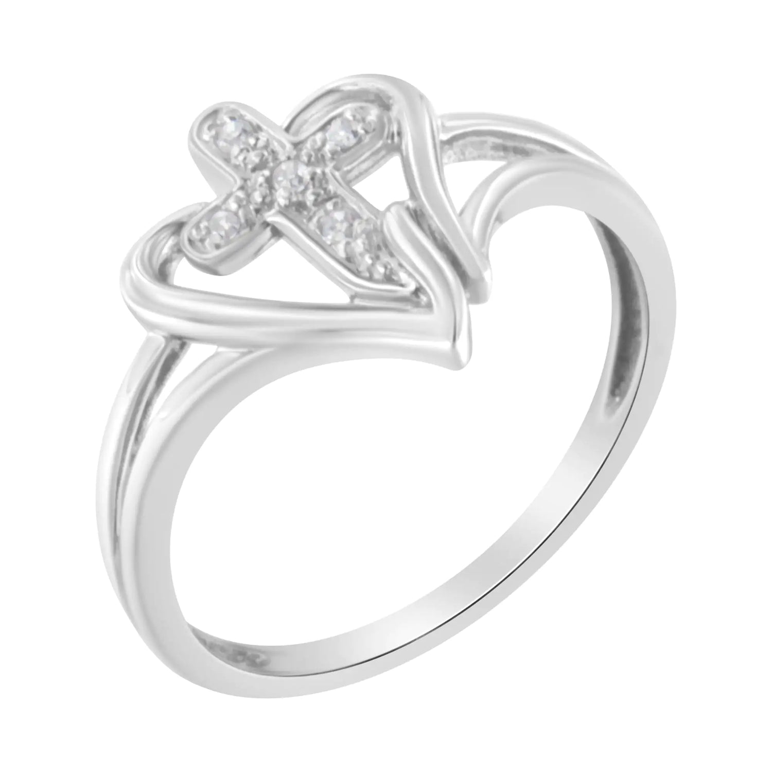 10K White Gold Diamond-Accented Cross &amp; Open Heart Promise Fashion Ring (H-I Color, I1-I2 Clarity)