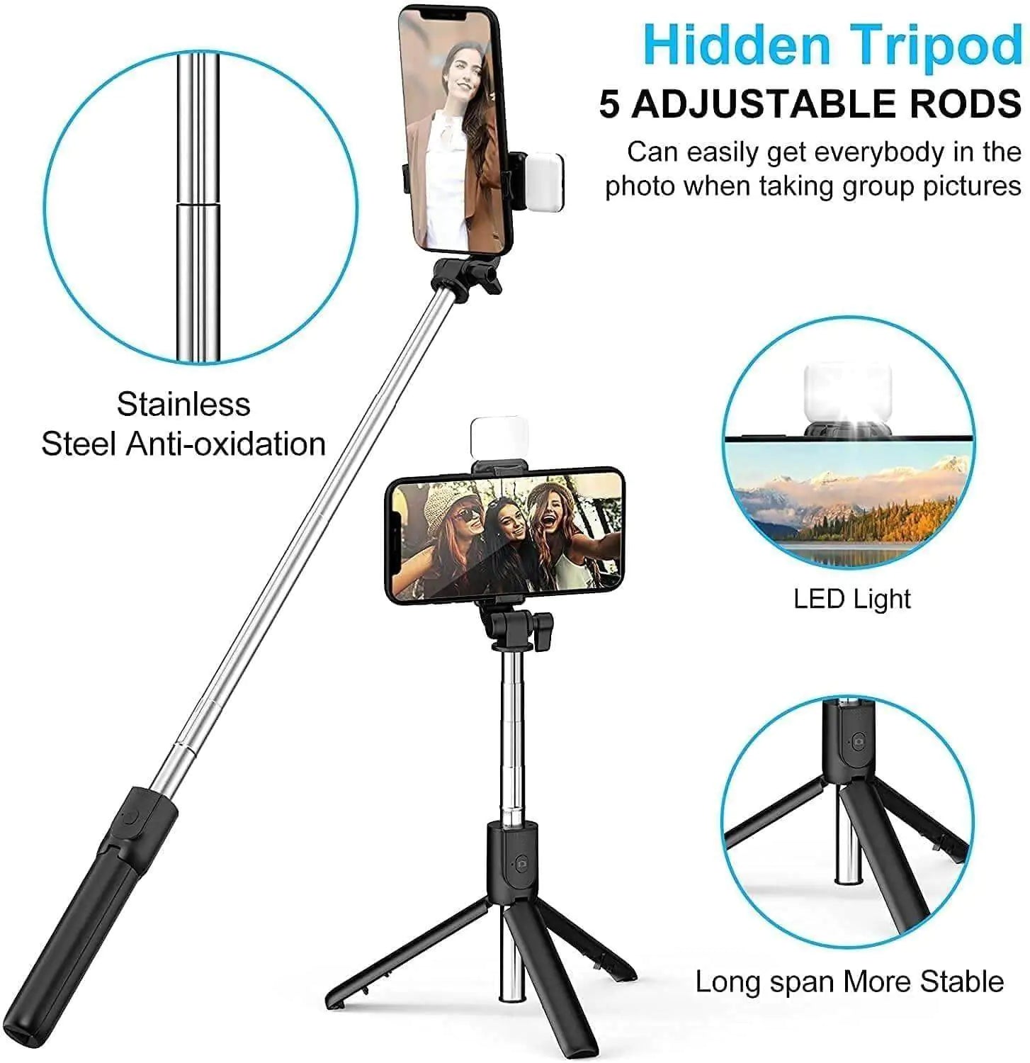 Wireless Selfie Stick Tripod with Light