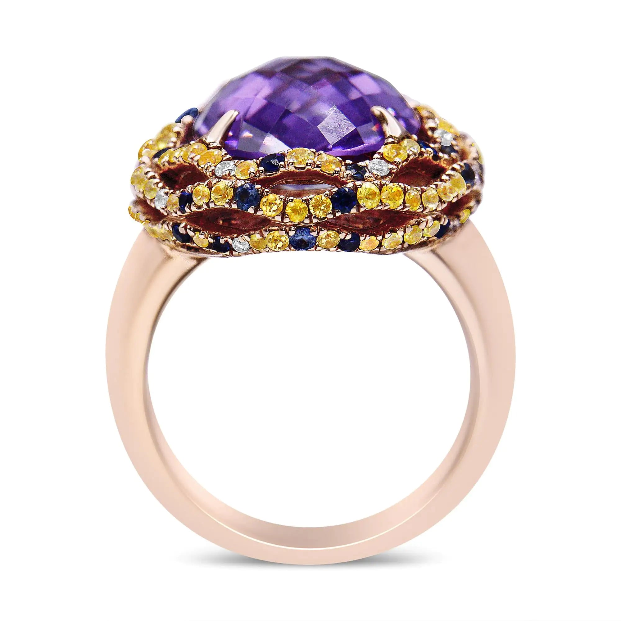 18K Yellow and Rose Gold Claw Prong Set Checkerboard Cut Purple Amethyst, Blue &amp; Yellow Sapphire, Diamond Accent Cocktail Ring Band (F-G Color, VS1-VS2 Clarity)