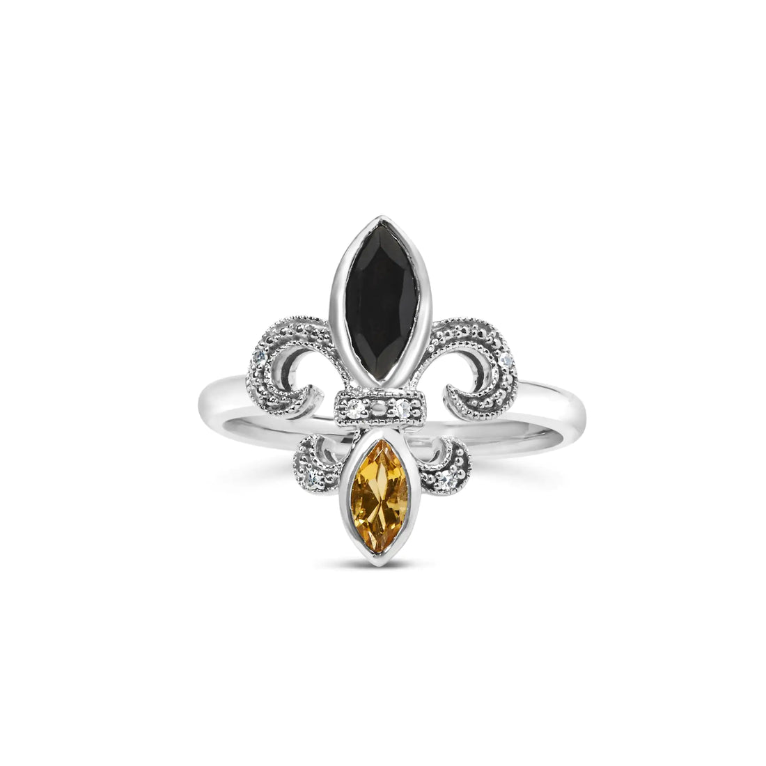 .925 Sterling Silver Black Onyx and Yellow Citrine Marquise and Diamond Accent Fleur De Lis Ring (H-I Color, SI1-SI2 Clarity) - Size 7