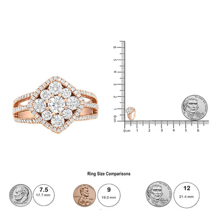 18K Rose Gold 1 1/4 Cttw Diamond Halo Cluster Split Shank Ring Band (F-G Color, VS1-VS2 Clarity)