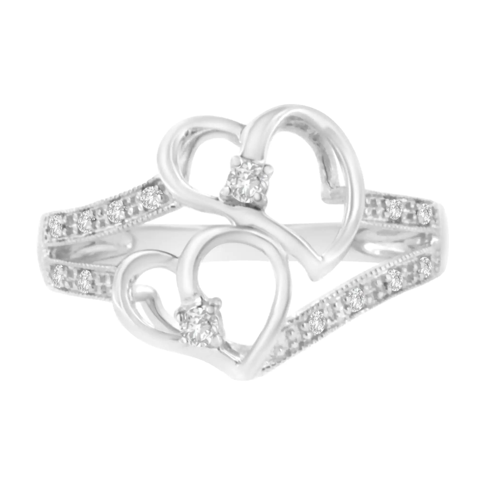 14KT White Gold 1/10 cttw Diamond Twin Heart Ring