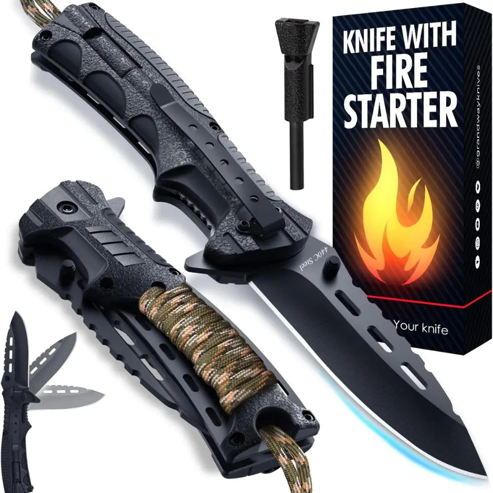 Tactical Folding Knife with Paracord, Whistle &amp; Fire starter