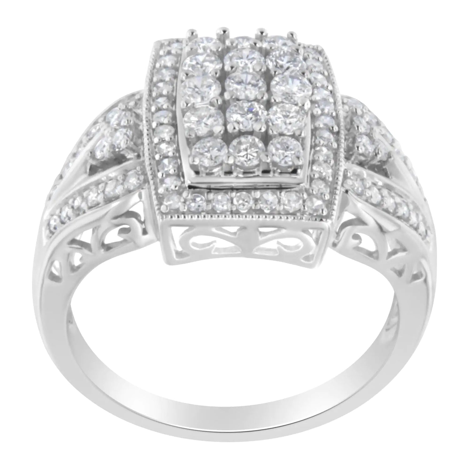 10K White Gold 1.0 Cttw Diamond Rectangular Cushion Shaped Cluster Halo Flared Band Cocktail Fashion Ring (H-I Color, SI2-I1 Clarity)