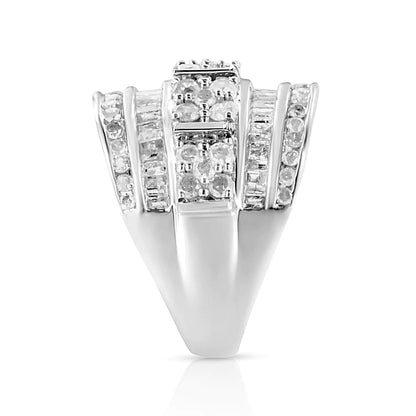 .925 Sterling Silver 2.0 Cttw Round &amp; Baguette Cut Diamond Multi-Row Channel Set Tapered Cocktail Fashion Ring (I-J Color, I3 Clarity)