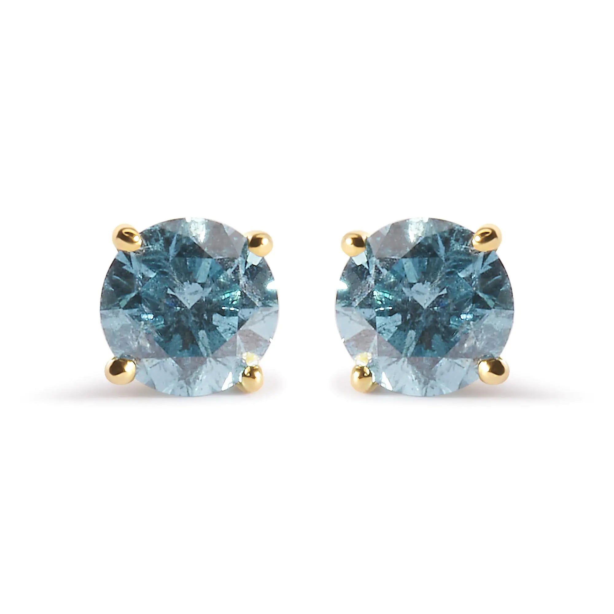 14K Yellow Gold 1.0 Cttw Treated Aqua Blue Diamond Classic Solitaire Stud Earrings (Aqua Blue Color, I2-I3 Clarity)