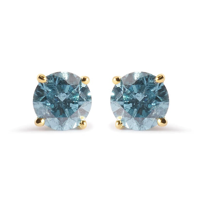 14K Yellow Gold 1.0 Cttw Treated Aqua Blue Diamond Classic Solitaire Stud Earrings (Aqua Blue Color, I2-I3 Clarity)