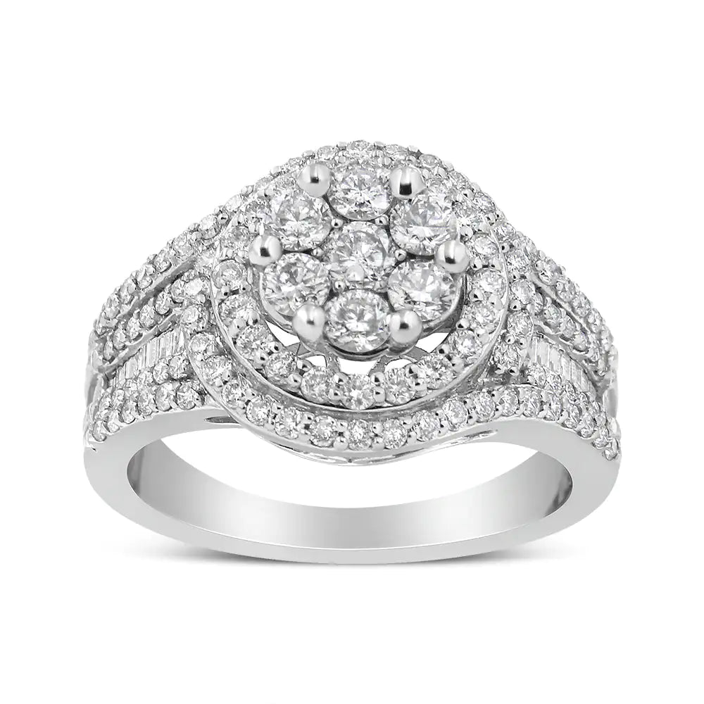 14K White Gold 1 1/2 Cttw Diamond Floral Cluster and Studded Shank Halo Ring (H-I Color, SI2-I1 Clarity)