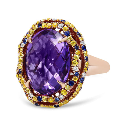 18K Yellow and Rose Gold Claw Prong Set Checkerboard Cut Purple Amethyst, Blue &amp; Yellow Sapphire, Diamond Accent Cocktail Ring Band (F-G Color, VS1-VS2 Clarity)