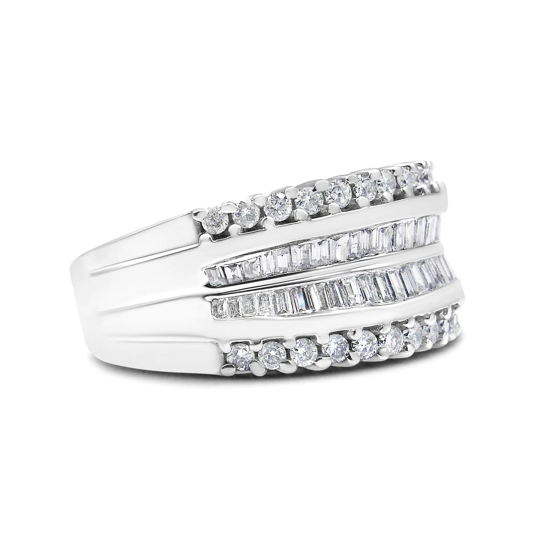 14K White Gold 1.00 Cttw Round and Baguette-Cut Diamond Modern Band Ring (H-I Color, SI2-I1 Clarity)